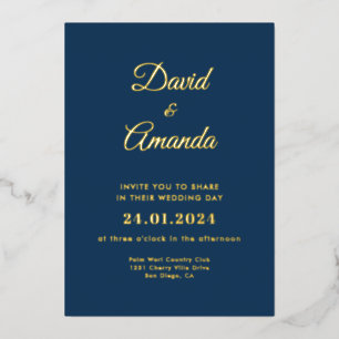 Elegant Naval and Gold Wedding Foil Invitation