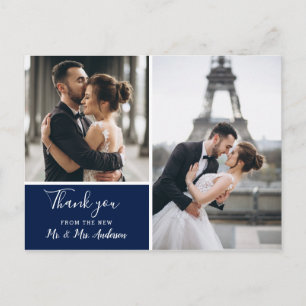 Elegant Navy 2 Photo Collage Thank You Postcard