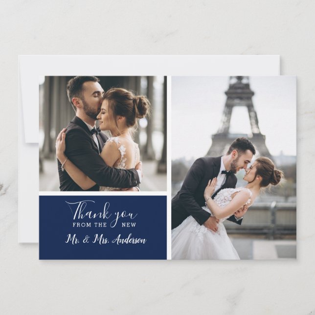 Elegant Navy 2 Photo Collage Wedding Thank You Card (Front)