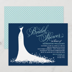 Elegant Navy and Aqua Wedding Gown Bridal Shower Invitation