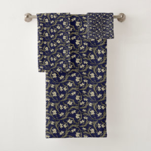 Elegant Navy and Beige Classic Floral Pattern Bath Towel Set