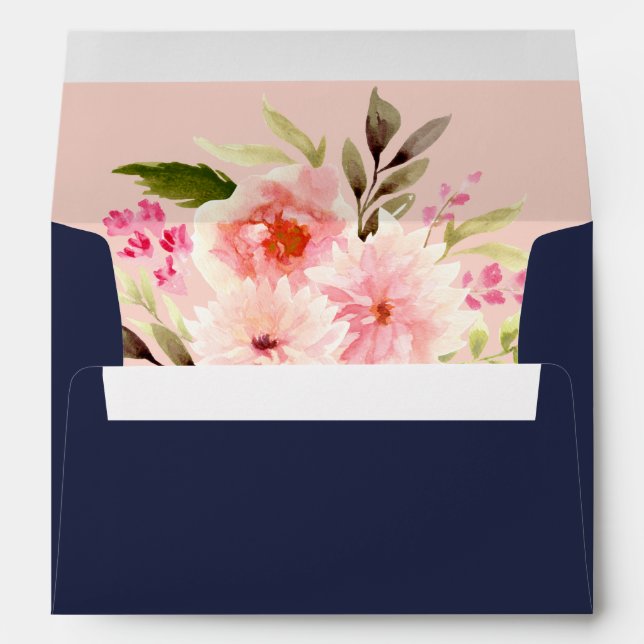 Elegant Navy and Blush Floral Watercolor Wedding Envelope (Back (Bottom))