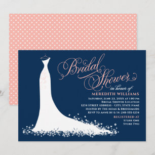 Elegant Navy and Blush Wedding Gown Bridal Shower Invitation