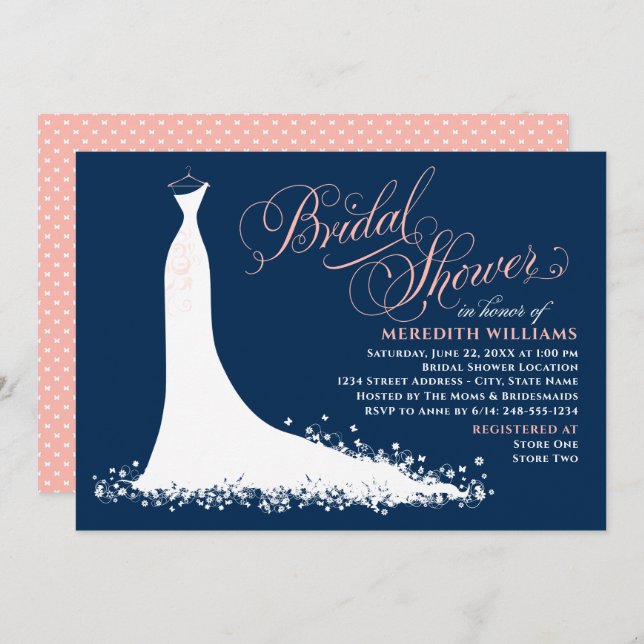 Elegant Navy and Blush Wedding Gown Bridal Shower Invitation (Front/Back)