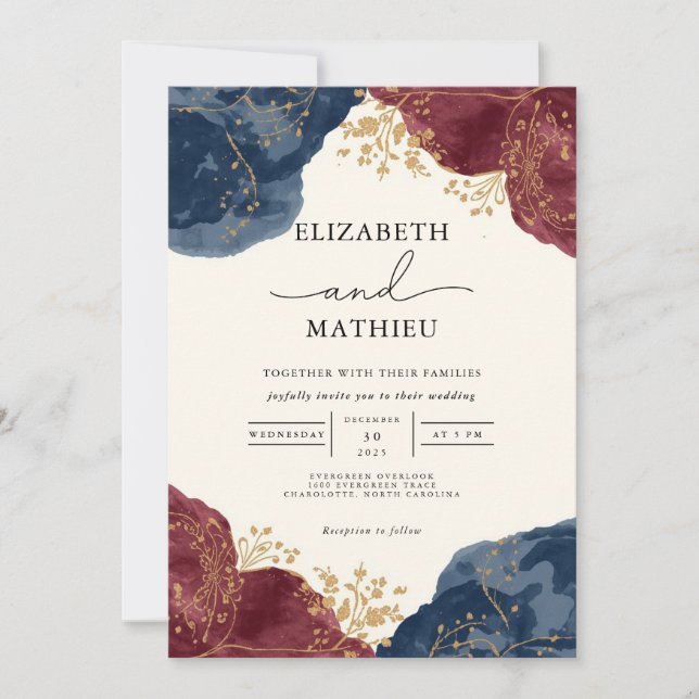 Elegant Navy and Burgundy Botanical Wedding Invitation (Front)