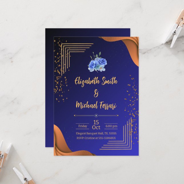 Elegant Navy and Burnt Orange Elegant Wedding Invitation (Front/Back In Situ)