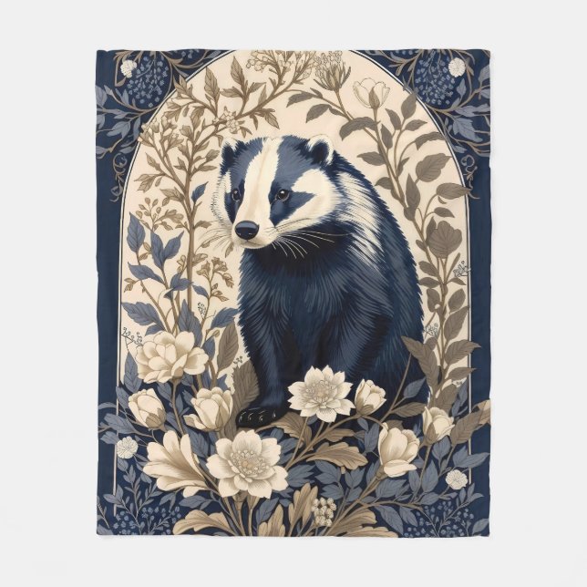 Elegant Navy and Cream Badger Floral Fleece Blanket (Front)