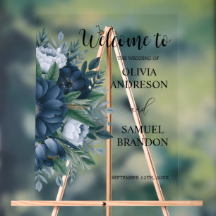 Elegant Navy and dusty Blue floral mo welcome Acrylic Sign