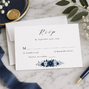 Elegant Navy and dusty Blue floral modern Wedding RSVP Card