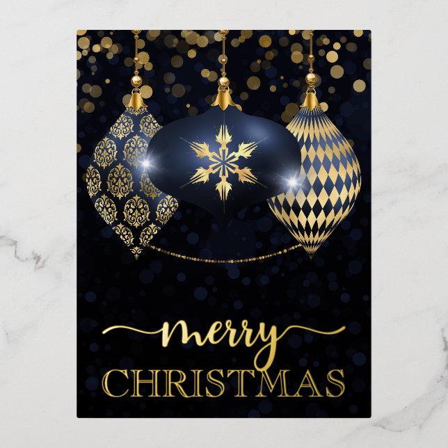 Elegant Navy and Gold Bauble Merry Christmas Foil Holiday Postcard (Front)