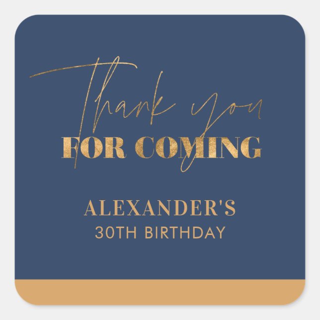 Elegant Navy and Gold Birthday Thank you Square Sticker (Front)