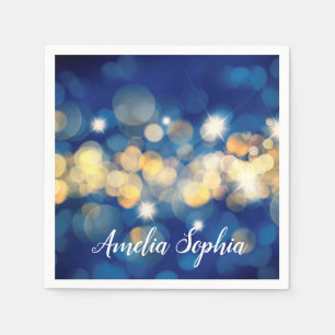Elegant Navy and Gold Bokeh Quinceañera Napkin