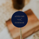 Elegant Navy and Gold Calligraphy Wedding Classic Round Sticker<br><div class="desc">Add a finishing touch to your wedding mailings,  decor,  and more with these modern and elegant round stickers,  featuring gold typography on a rich navy background.</div>
