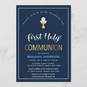 Elegant Navy And Gold First Holy Communion Invitation