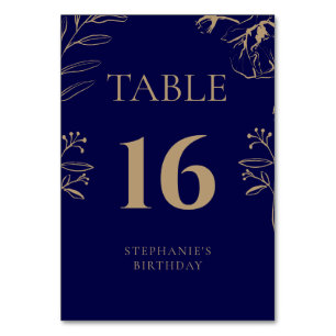 Elegant Navy and Gold Floral Birthday Table Number