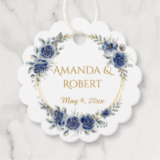 Elegant Navy and Gold Floral Wreath Wedding Favor  Favour Tags