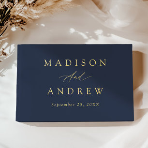 Elegant Navy and Gold Foil Calligraphy Wedding Guest Book