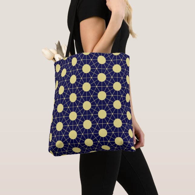 Elegant Navy and Gold Geometric Tile Pattern Tote Bag (Close Up)