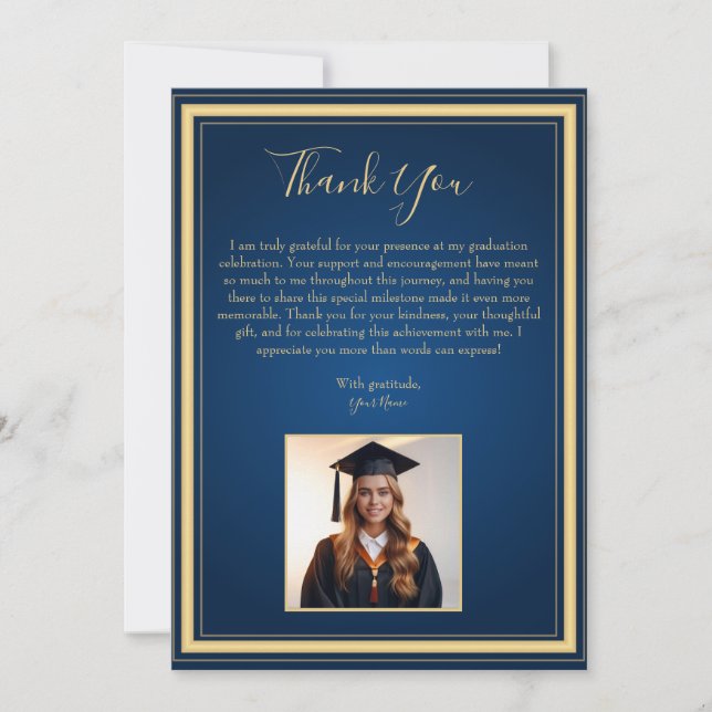 Elegant Navy and Gold Graduation Thank You Card (Front)