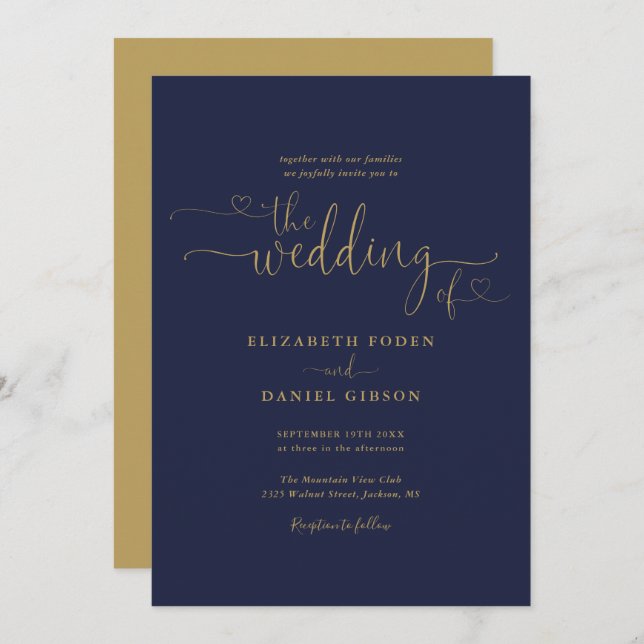 Elegant  Navy And Gold Hearts Calligraphy Wedding Invitation (Front/Back)