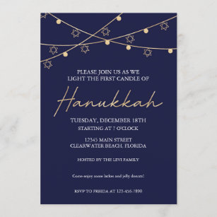 Elegant Navy and Gold Light Strings Hanukkah Party Invitation