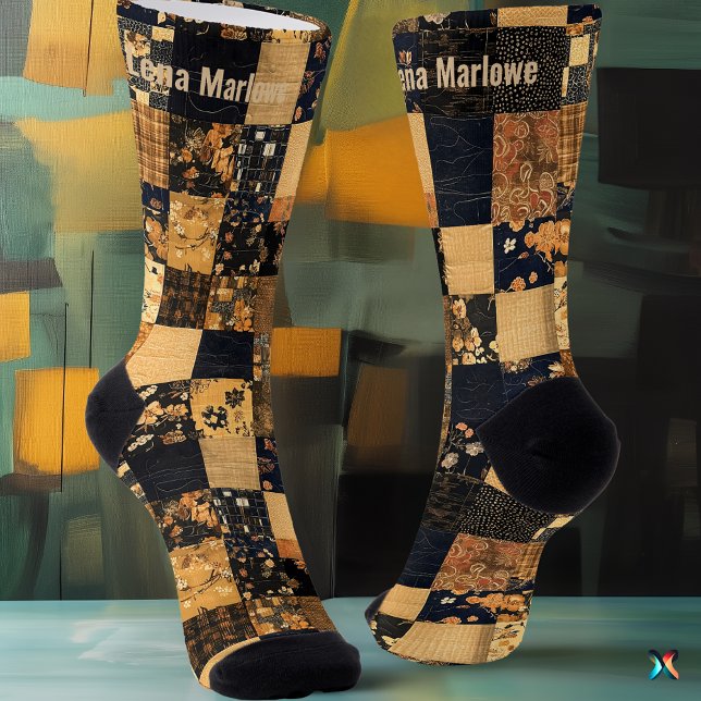 Elegant Navy and Gold Patchwork – Custom Floral Socks (Creator Uploaded)