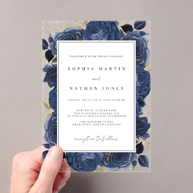 Elegant Navy And Gold Rose Clear Wedding Acrylic Invitations (Insitu (Handheld))