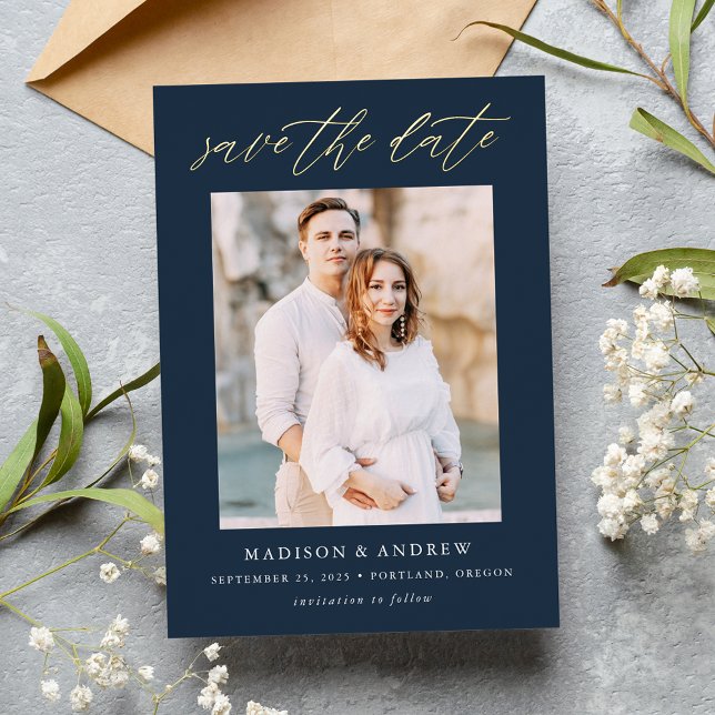 Elegant Navy and Gold Script Photo Save the Date (Creator Uploaded)