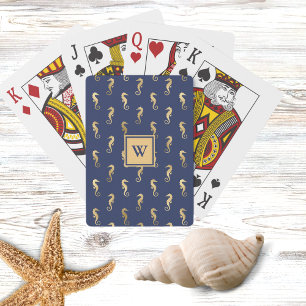 Elegant Navy and Gold Seahorses with Initial Playing Cards