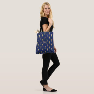 Elegant Navy and Gold Seahorses with Initial Tote Bag