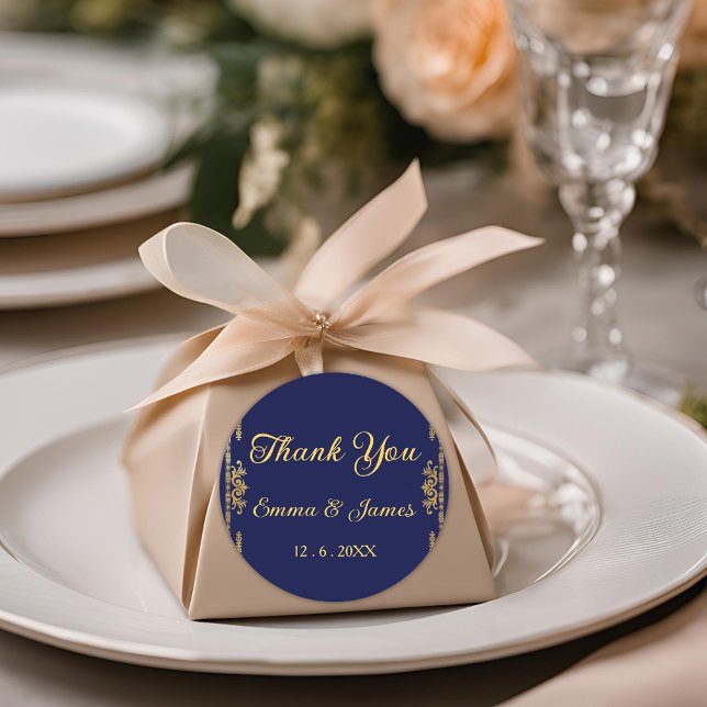 Elegant Navy  and Gold Thank You Wedding Favour  Classic Round Sticker (Creator Uploaded)