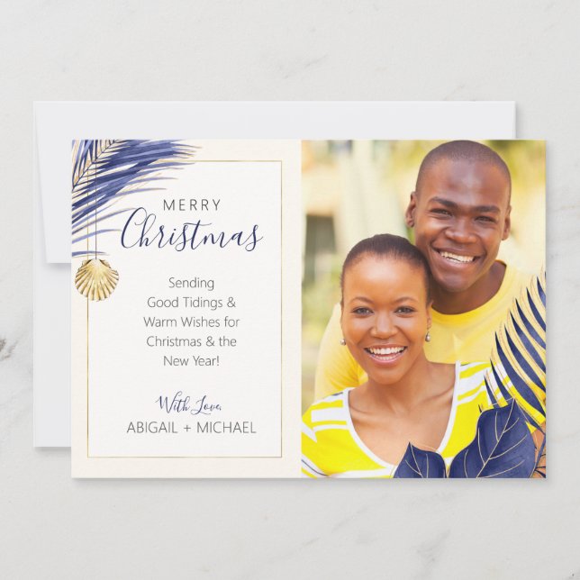 Elegant Navy and Gold Tropical Christmas Photo Holiday Card (Front)