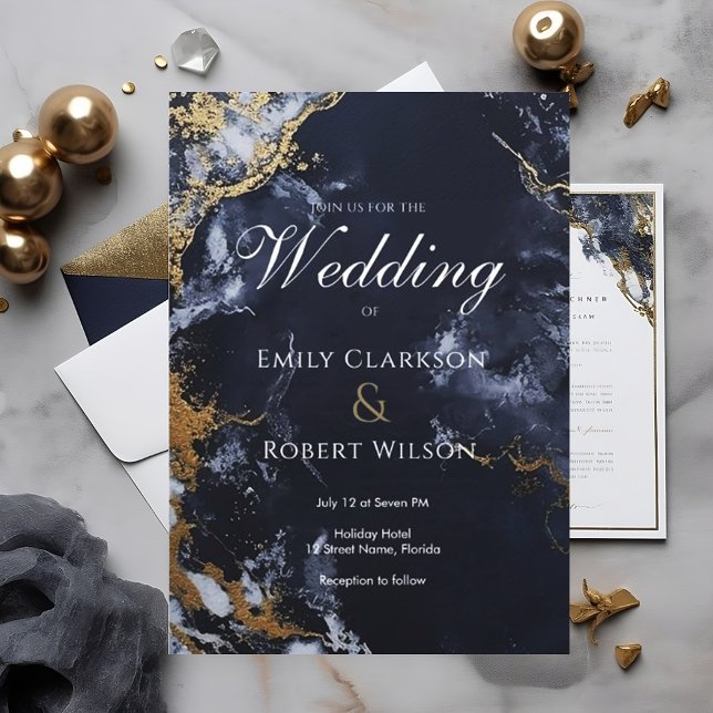 Elegant Navy and Gold Watercolor Trendy Wedding Invitation (Creator Uploaded)