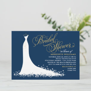 Elegant Navy and Gold Wedding Gown Bridal Shower Invitation