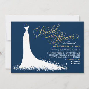Elegant Navy and Gold Wedding Gown Bridal Shower Invitation