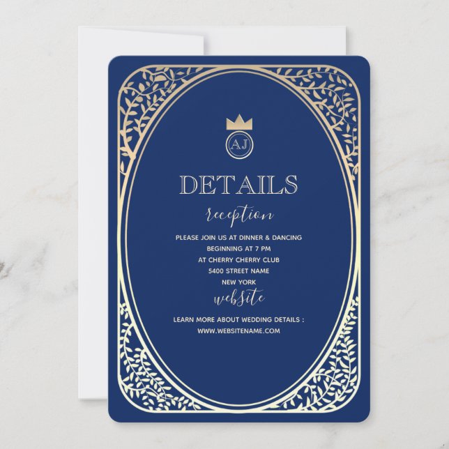 Elegant Navy and Gold Wedding Information Card (Front)