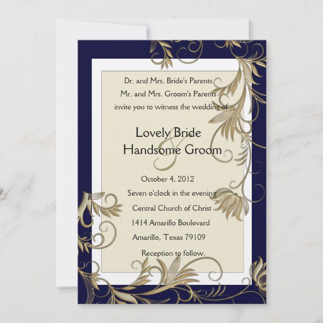 Elegant Navy and Gold Wedding Invitations (Front)