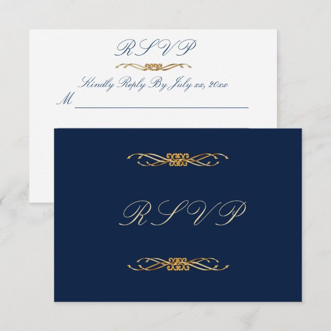 Elegant Navy and Gold Wedding  RSVP Card (Front/Back)