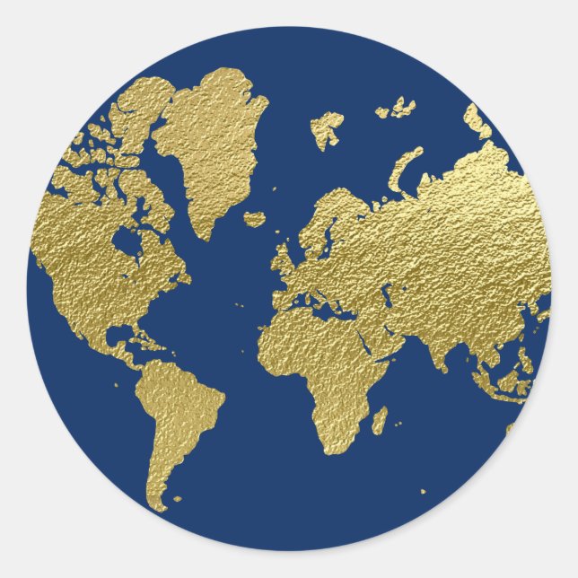 Elegant Navy and Gold World Map Classic Round Sticker (Front)