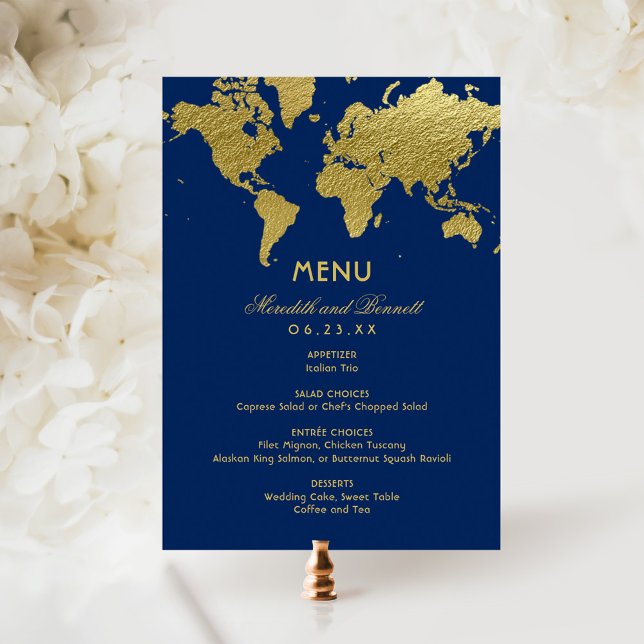 Elegant Navy and Gold World Map Custom Wedding Menu (Creator Uploaded)