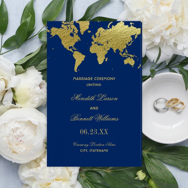 Elegant Navy and Gold World Map Wedding Programs (Creator Uploaded)