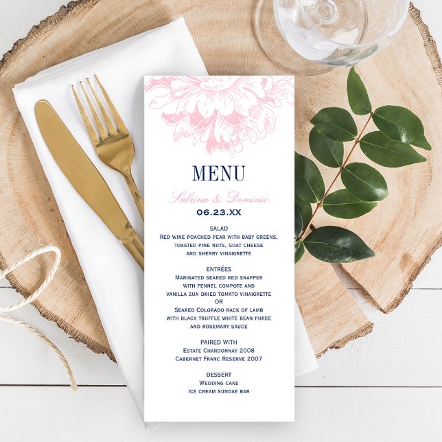 Elegant Navy and Pink Floral Peony Wedding Menu (Creator Uploaded)