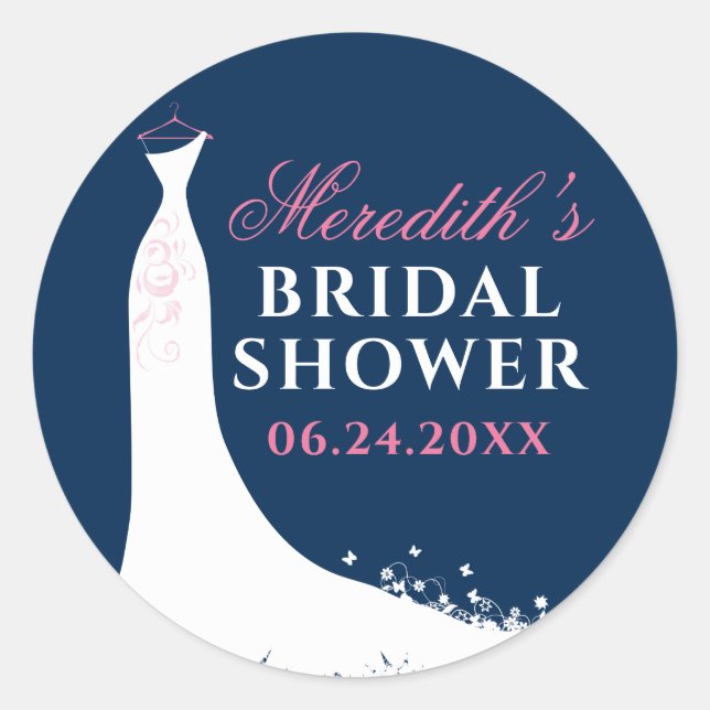 Elegant Navy and Pink Wedding Gown Bridal Shower Classic Round Sticker (Front)