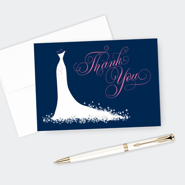 Elegant Navy and Pink Wedding Gown Bridal Shower Thank You Card (Creator Uploaded)