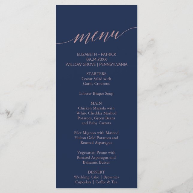 Elegant Navy and Rose Calligraphy Dinner Menu Card (Front)