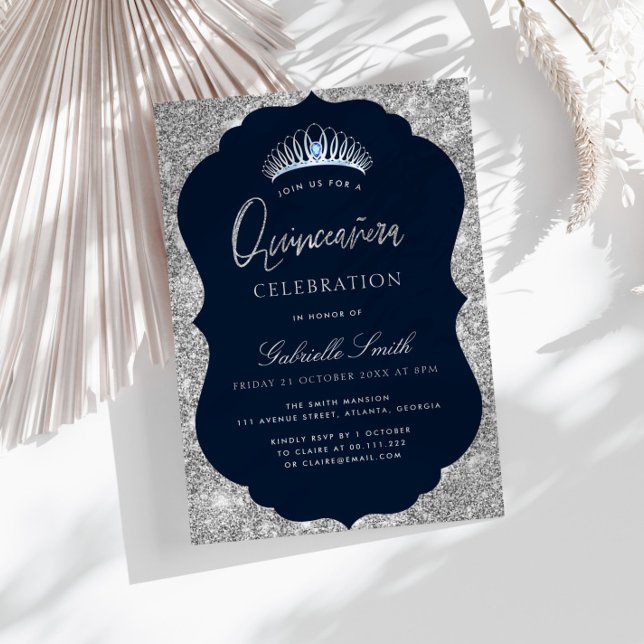 Elegant navy and silver Quinceanera invitation (Creator Uploaded)