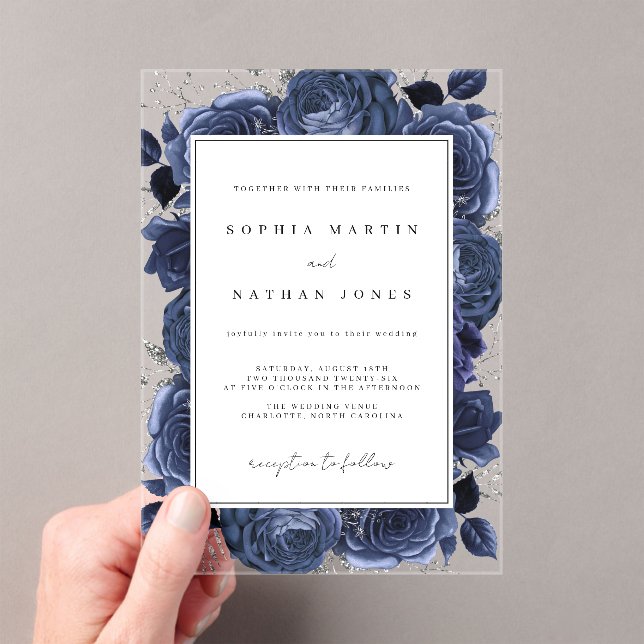Elegant Navy And Silver Rose Clear Wedding Acrylic Invitations (Insitu (Handheld))