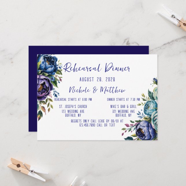 Elegant Navy and Turquiose Rose Rehearsal Dinner Invitation (Front/Back In Situ)