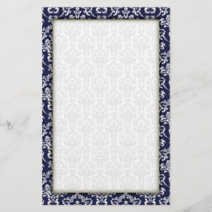 Elegant Navy and White Damask Stationery