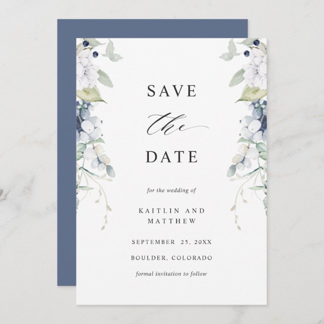 Elegant Navy and White Floral Wedding Save The Date (Front/Back)
